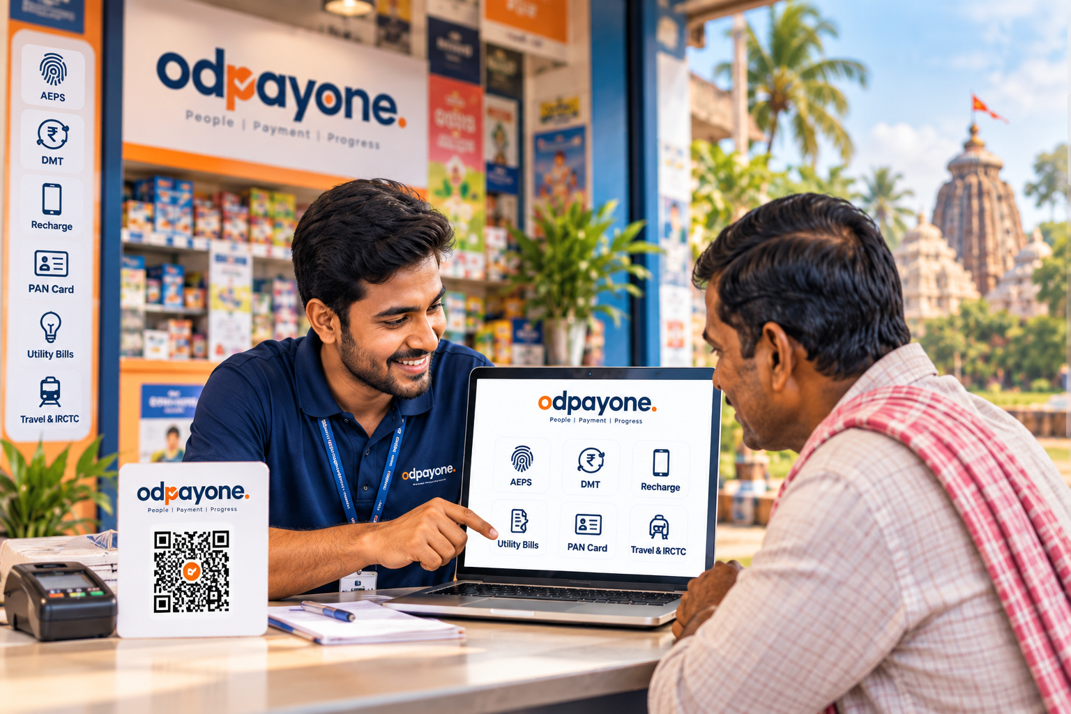 odpayone retailer helping a customer with digital services